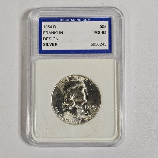 1954 D 90% Silver Franklin Half Dollar graded as MS-65 by IGS