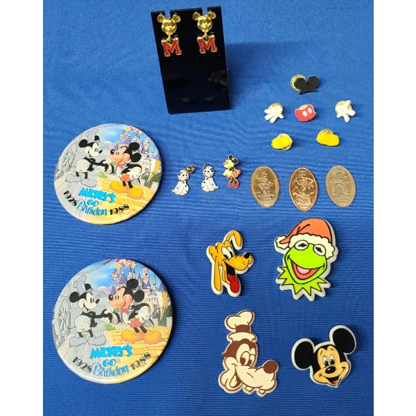 Assorted Disney Collectible Pins, Earrings & Pressed Pennies