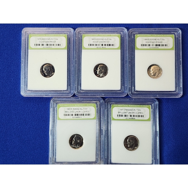 x5 INB Brilliant Uncirculated and DCAM Gem Proof Roosevelt Dimes, Assorted Years
