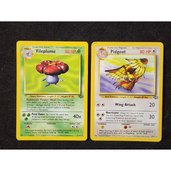 Two Vintage RARE Non-Holo JUNGLE SET Pokemon Trading Cards ~ Vileplume 31/64 & Pidgeot 24/64