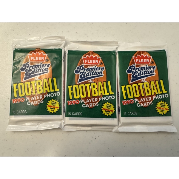 3 - 1990 Fleer Unopened Football Wax Packs - Mint Condition - 15 Cards Per Pack