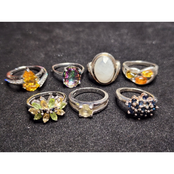 Beautiful Sterling Silver Rings Ft. Moonstone, Amber, Topaz & More - Weighing Total of 25.1 Grams