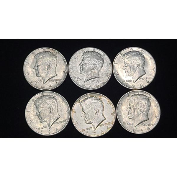 (6) 1964 90% Silver Kennedy Half Dollars - Face Value: $3.00