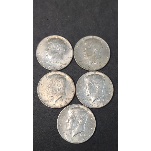 Assorted Years 40% Silver Kennedy Half Dollars - Face Value: $2.50