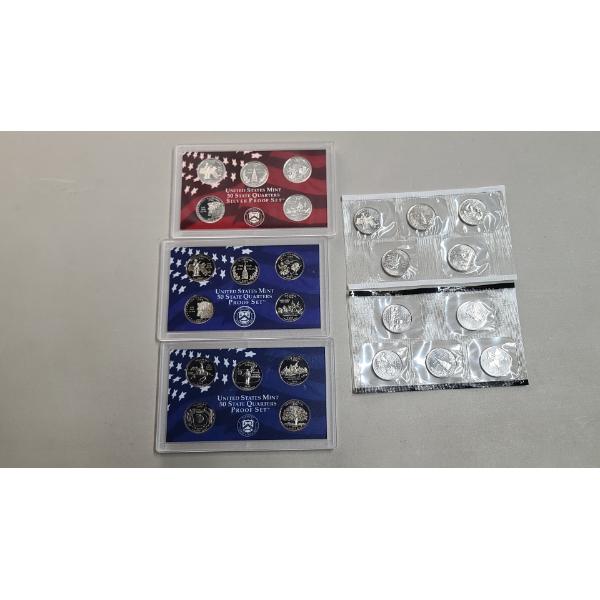 Years 1999, 2000 US Mint 50 State Quarters Proof Sets & (2) Year 2000 Uncirculated US Mint Coin Sets