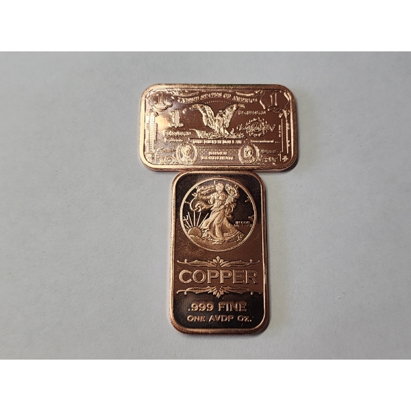 x2 1 AVDP Ounce .999 Fine Copper Bars - Walking Liberty & Silver Certificate Design - Mint Condition