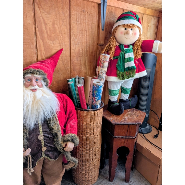 Wood Stool, 34" Santa, 26" Elf, Tall Basket With Wrapping Paper
