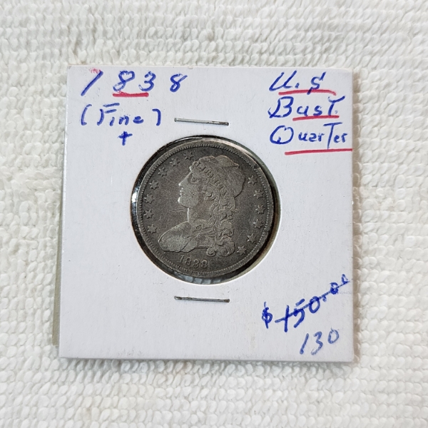 1838 Capped Bust Quarter - 89.24% U.S. Silver Coin "Fine +"