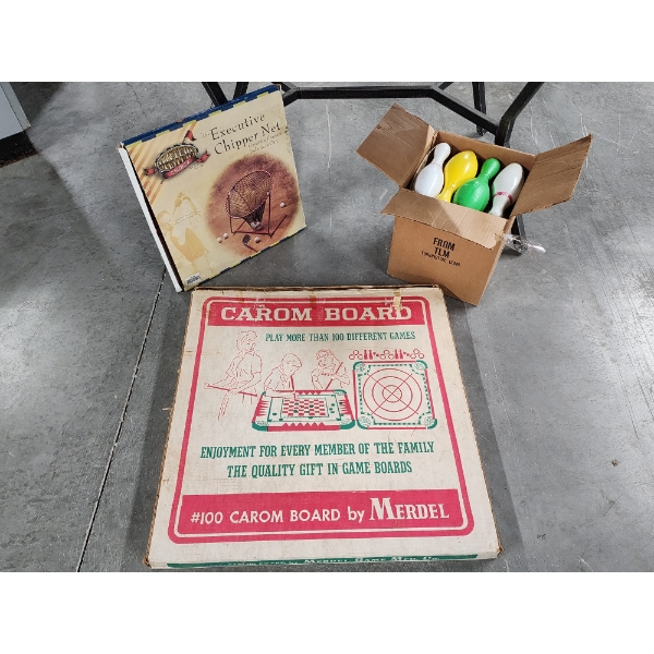 Vintage Carom Board by Merdel, 18in Chipper Net, Plastic Bowling Pin Set