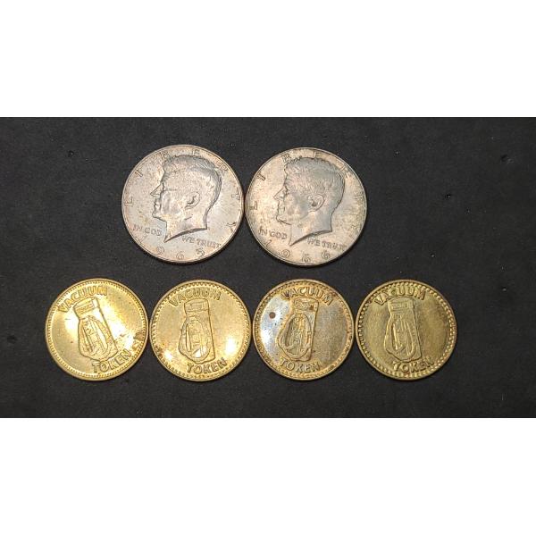 1965, 1966 Kennedy 40% Silver Half Dollar & Vacuum Tokens - Face Value: $1.00