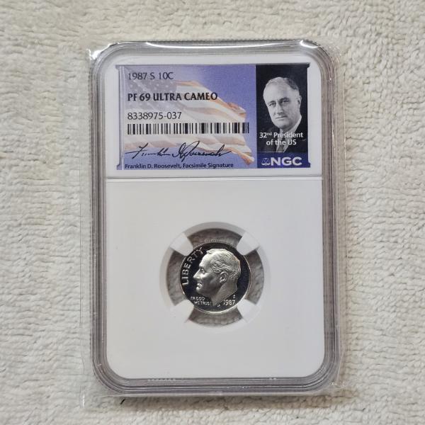 1987-S NGC PF69 Ultra Cameo Roosevelt Dime With Custom Roosevelt Signature Portrait Label
