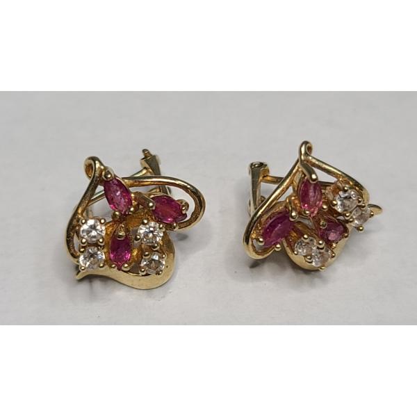 10K Yellow Gold Pair Of Earrings With Pink & Clear Stones - Weight: 3.6g
