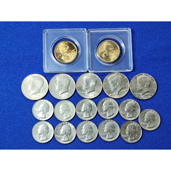 Assorted U.S. Coins: Sacagawea Dollars, Jennedy Half Dollars, Washington Quarters
