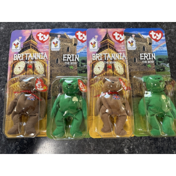 TY Erin And Britannia Beanie Baby Plush Bears - 4 Total - New In The Package