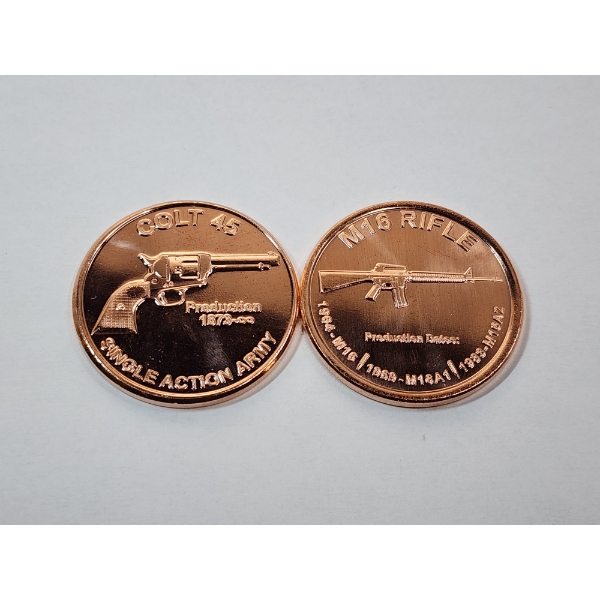 2 - 1 AVDP Ounce .999 Fine Copper Rounds: Colt 45, & M16 Rifle Designs (2 oz Total) Mint Condition