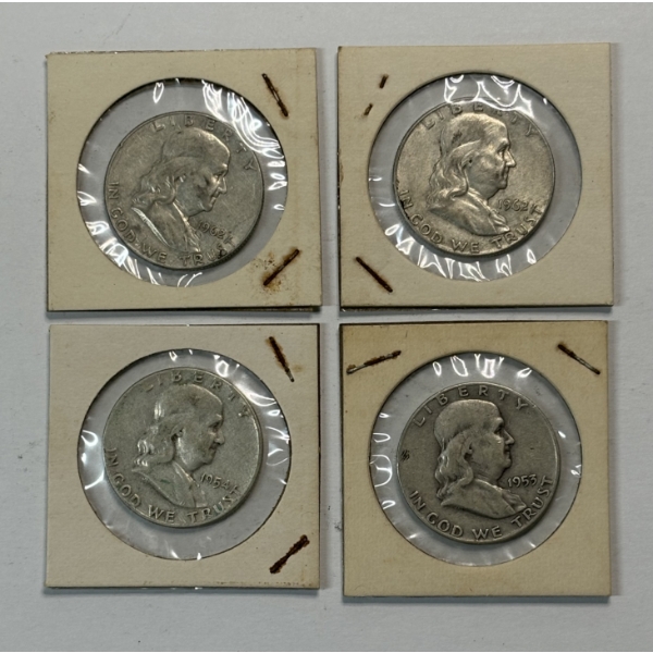 Lot of 4 Assorted Year 90% Silver Franklin Half Dollars, FV $2.00
