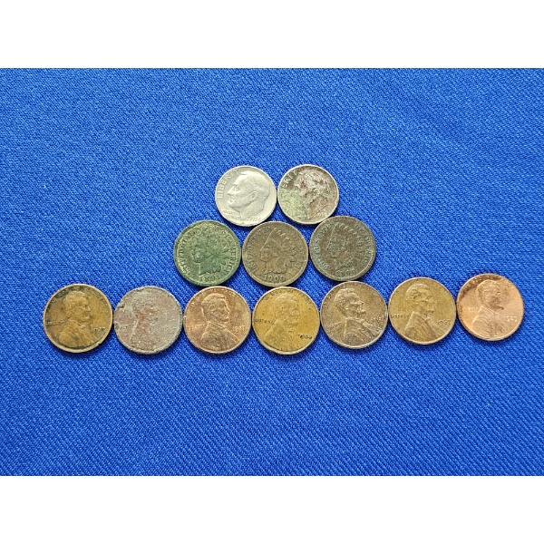 Assorted U.S. Coins Including Roosevelt Dimes, Indian Head Cents, Lincoln Cents - See Description