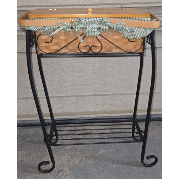 Basket Stand with Basket - Green Gingham Liner and Handles - 24x18x8.5