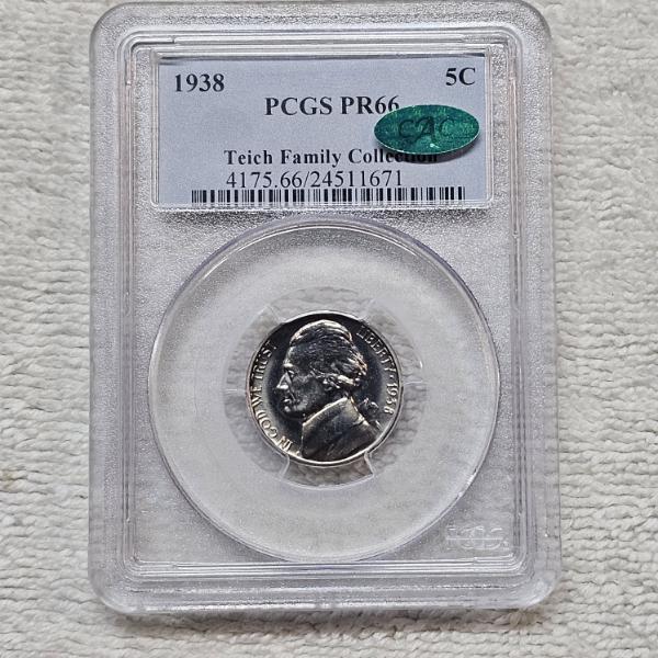 PCGS PR66 1938 CAC Teich Family Collection Jefferson Five Cent Nickel Coin