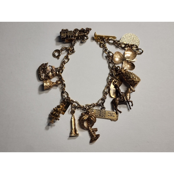 Gold-Tone Charm Bracelet, Assorted Charms, One Charm Marked 9K Gold - See Description! 