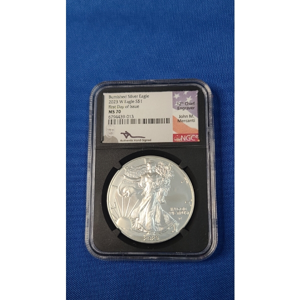 2023-W NGC MS70 Burnished First Day Of Issue 1 oz .999 Fine Silver American Eagle - Signed