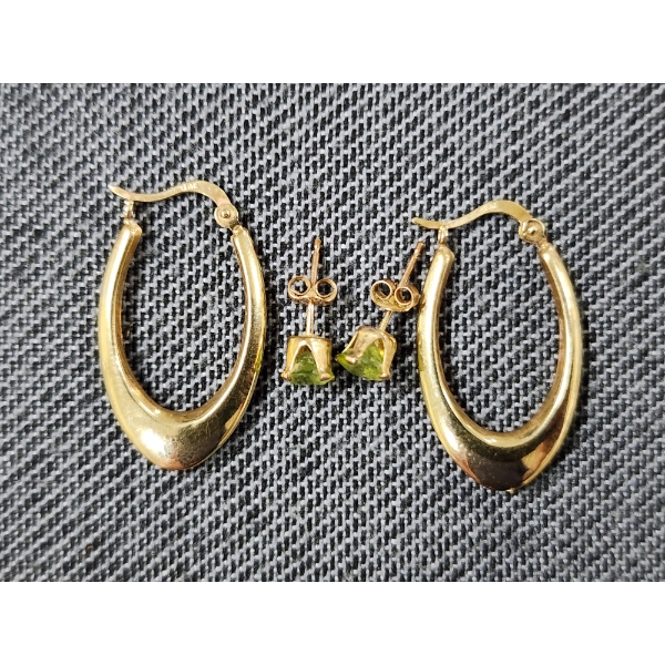Two Sets of 10K Yellow Gold Earrings ~ One Set of Loops & One Green Stone Studded Earring Set ~ 1.6G