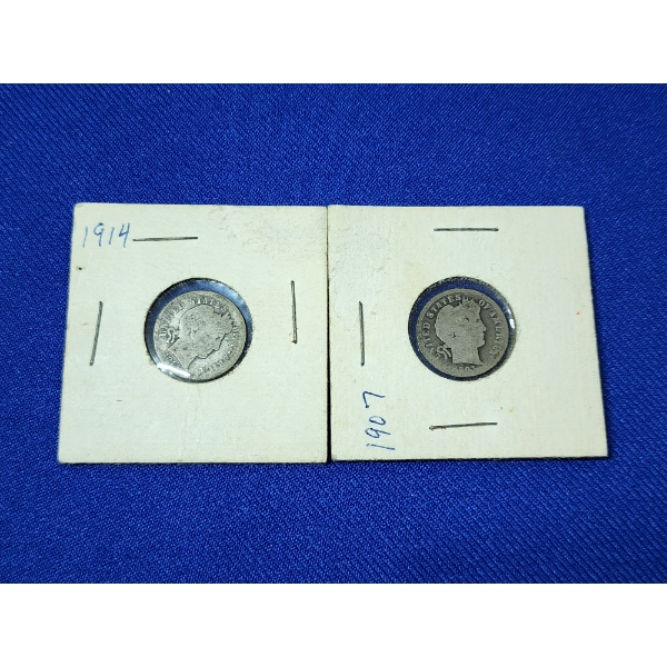 x2 United States 90% Silver Barber Dimes: 1914 and 1907