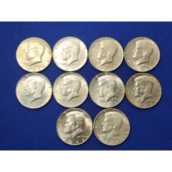 Lot of 10 Assorted Years 40% Silver Kennedy Half Dollars - Face Value: $5.00	