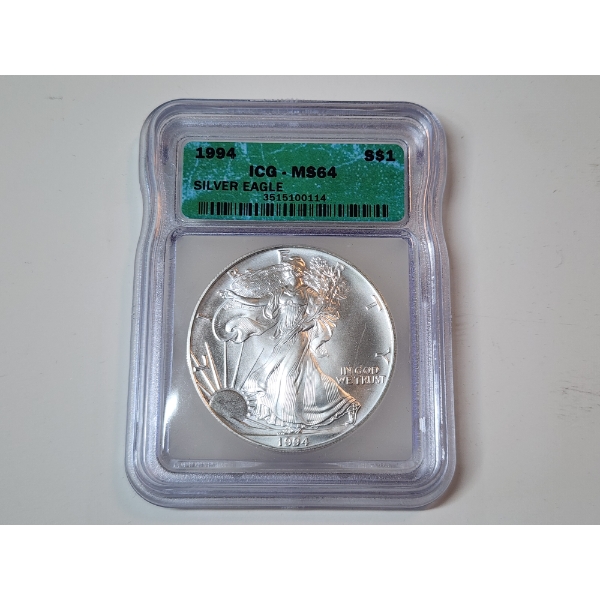 ICG Graded MS64 1994 American Silver Eagle - 1 oz .999 Fine Silver 