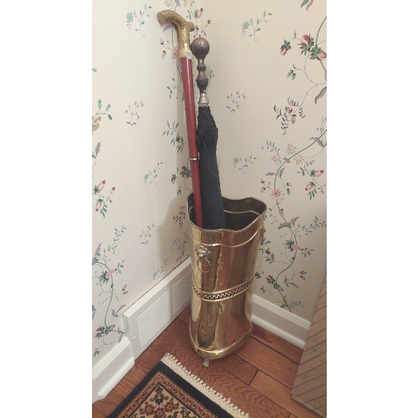 As Shown Brass Umbrella Stand Including Walking Stick & Umbrella - Vintage Brass