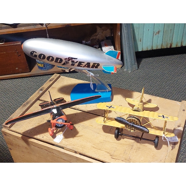 Vintage 3 Pcs Aircraft Collection - Metal Goodyear Blimp & 2 Metal Aeroplanes - As Shown