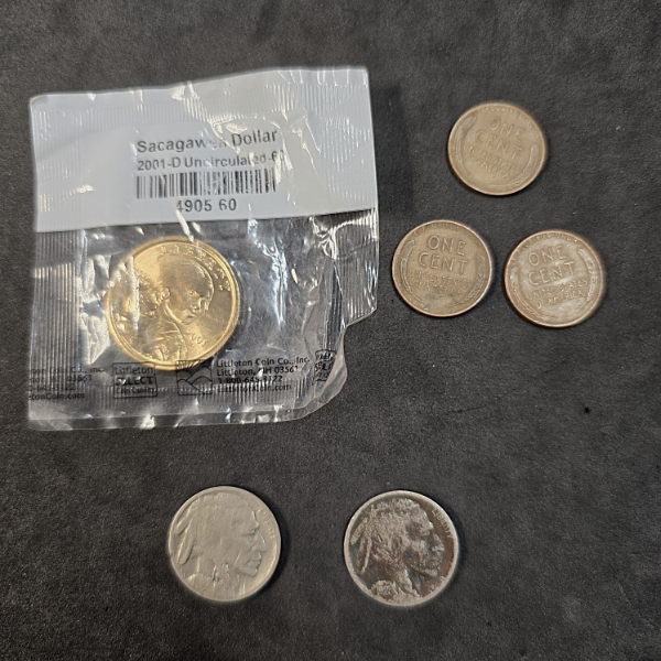 (6) Coins incl Wheat Pennies, Buffalo Nickels and a Sacagawea $1