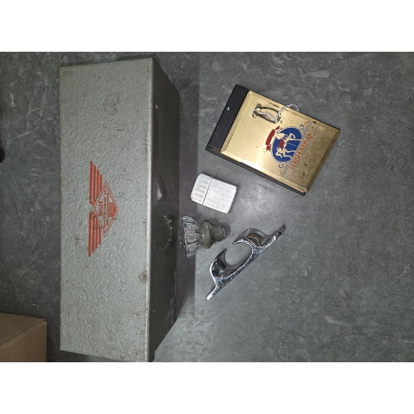 Miller Manufacturing Metal Box With Contents, Storm King Lighter & More