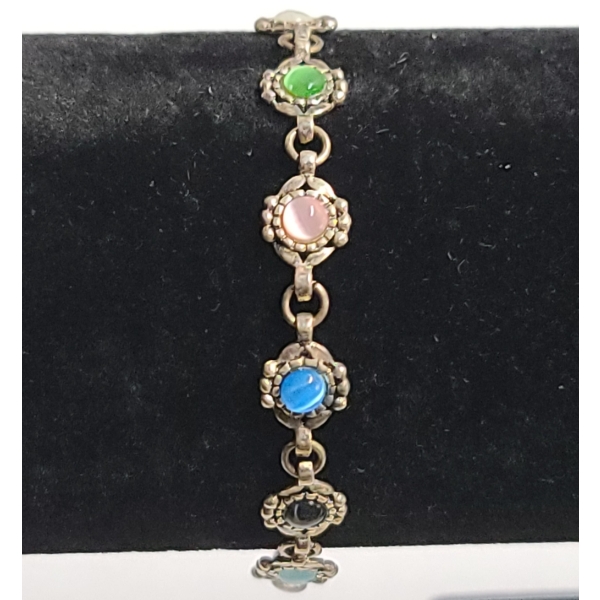 Vintage Sterling Silver Multi-Color Cat's Eye Glassr Link 7" Bracelet - Weight: 7.6g