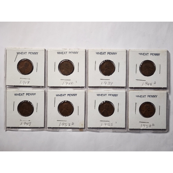Eight Assorted Wheat Pennies in Holders & 1907 Indian Head Penny