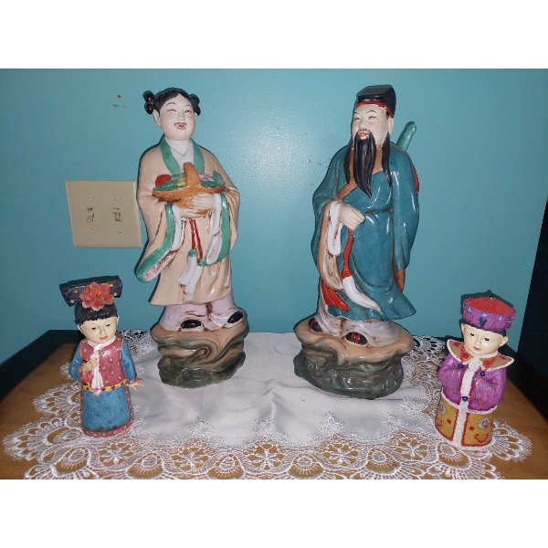 4 Piece Hand Painted Oriental Figurals As Shown 16" & 7" Excellent