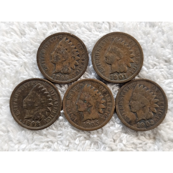 Five US Indian Head Cents from the Late 19th and Early 20th Centuries AFV $.05