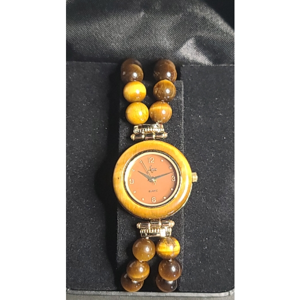 Women's Aria Tiger Eye Bead Stretch Stainless Steel Japan Movement Quartz Watch