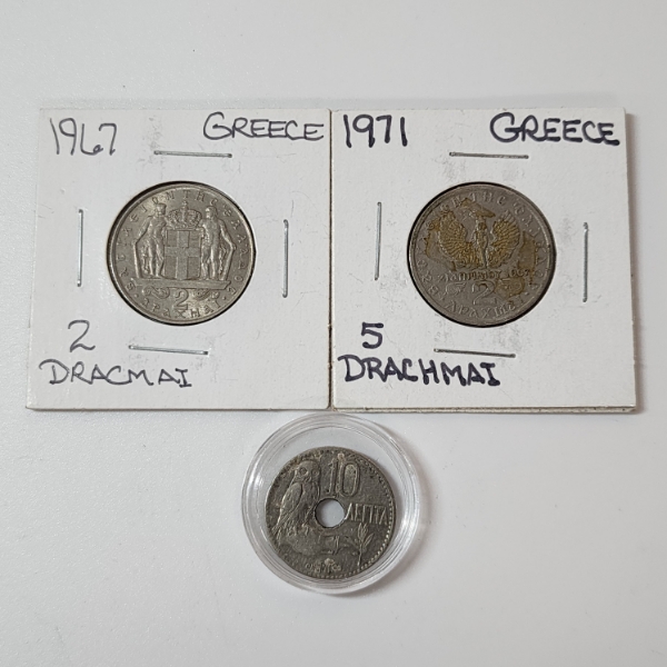 1967 & 1971 Greece 2 Dracmai Coins & 1912 Greek 10 Lepta Coin