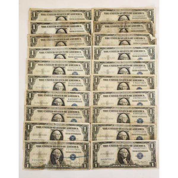 Lot of 20 United States Blue Seal $1 Silver Certificates - Face Value $20.00