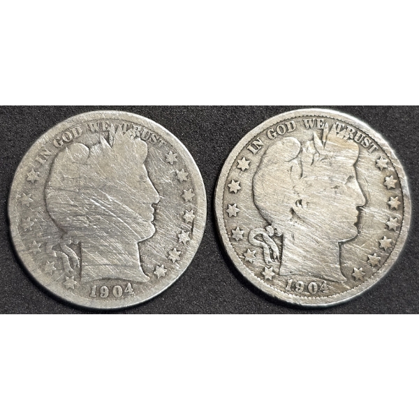 (2) 1904 Barber Half Dollars