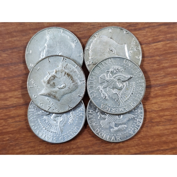 Six Assorted 40% Silver Kennedy Half Dollars