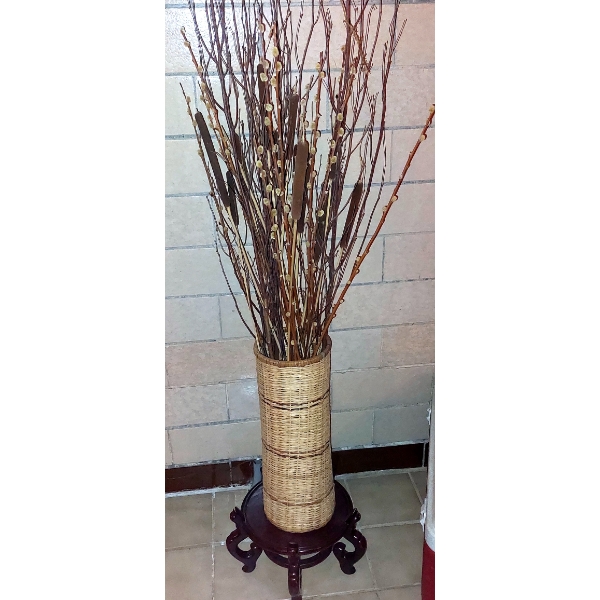 Wicker Plant Stand With Pussy Willows On Asian Rosewood Base - See Pics