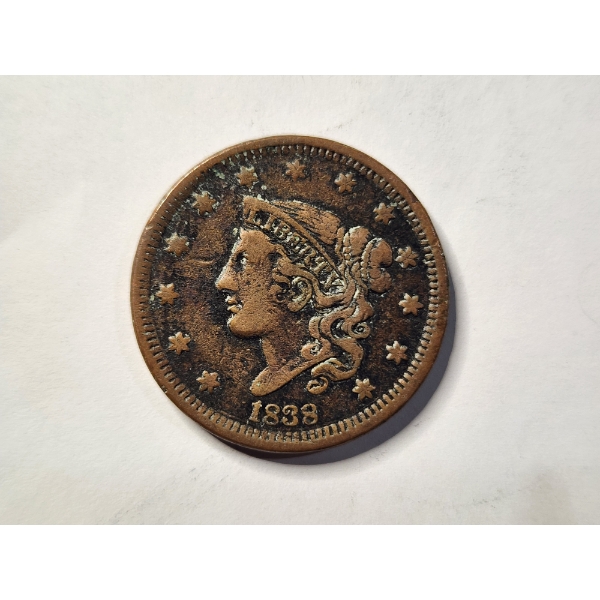 1838 United States Coronet Head Large One Cent Coin in Great Condition!