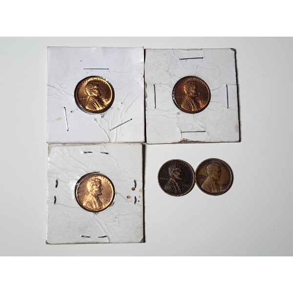 x5 Lincoln Wheat Cents: 1919, 1909 VBD, 1957-D, 1956, 1958