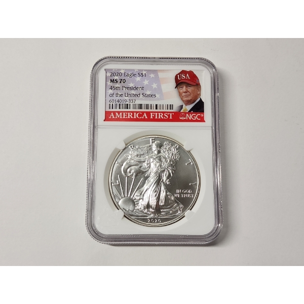 2020 $1 Silver American Eagle 1oz Fine Silver Graded MS70 by NGC ft. Donald Trump America First