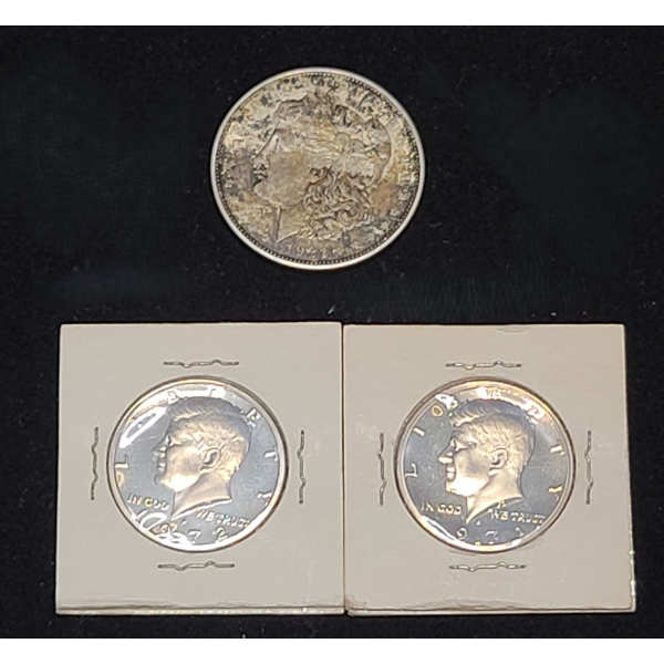 1921 Silver Morgan Dollar & (2) Kennedy Half Dollars 1971, 1972