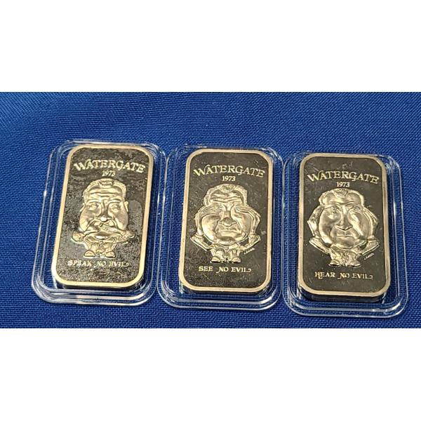 (3) 1973 Limited Edition EJ Aleo Wategate "Hear No Evil, Speak No Evil" Solid Bronze Art Bars