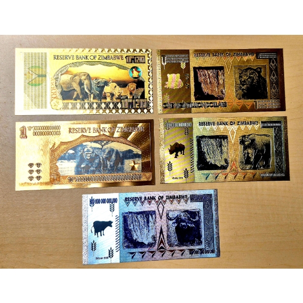 5 Pc Set Pure 24k .999 Gold Foil Bank Note Of The Reserve Bank Of ZIMBABWE - Each In Mint Condition 