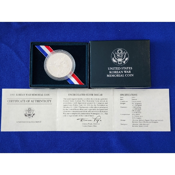 U.S. Korean War Uncirculated 90% Silver Commemorative One Dollar Coin With Box & CoA